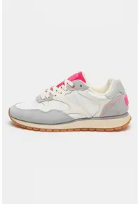 Pantofi sport de piele si piele intoarsa cu logo - Alb/Fucsia/Gri cenusiu