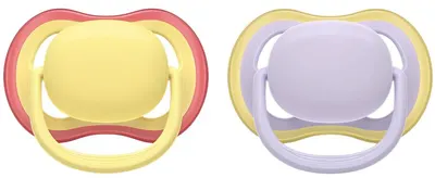 Suzete Philips Avent - Ultra Air, 0-6 luni, cu cutie, 2 bucăți, pastelate, galbenă/liliachie