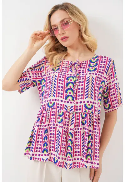 Tricou dama BDART - guler rotund - cu imprimeu - magenta - textil