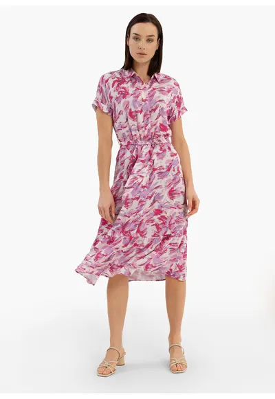 Rochie-camasa lunga de vara din viscoza - cu volane - maneci scurte - curea in talie - G-Amstel - roz - Roz
