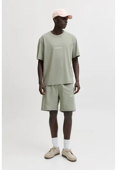 Tricou din amestec de bumbac organic cu broderie text - Verde pal