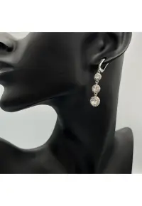 Cercei lungi cu trei cristale - plasati - argintii - 14K