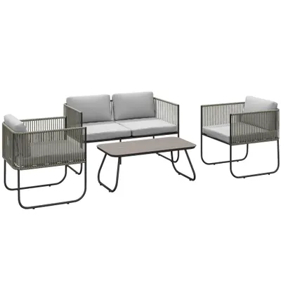 Outsunny Masă Grădină Rattan Sticlă Gri Deschis | Aosom Romania