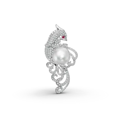 Brosa paun din aur alb cu diamante, rubine si perle de cultura de 0.8ct
