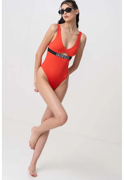 Costum de baie intreg cu detaliu logo - Negru/Portocaliu mandarina