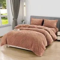 Lenjerie de Pat Dublu, CoCoLiNo Ultra Pufoasa, 4 piese, Cearsaf cu ELASTIC, Model Traditional 3D, Camel