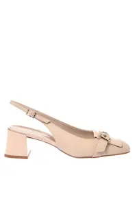 Pantofi slingback din piele cu varf patrat si toc - Crem
