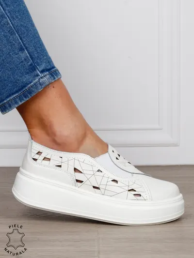 PANTOFI CASUAL Dama Piele Naturala Perforat Slip-on CRL1594 ALB