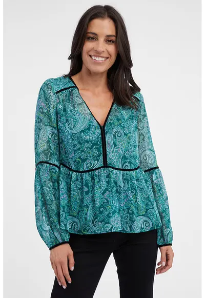 Bluza lejera cu decolteu in V si model Paisley - Verde persan
