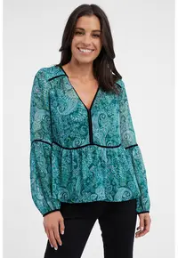 Bluza lejera cu decolteu in V si model Paisley - Verde persan