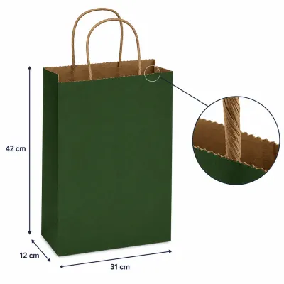 Sacoșe hârtie cu mâner răsucit - verde închis (set 12 buc) - Mare - 31x42x12cm