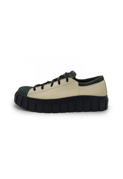 Pantofi de piele cu talpa plata si insertii de piele intoarsa - Verde inchis/Bej deschis