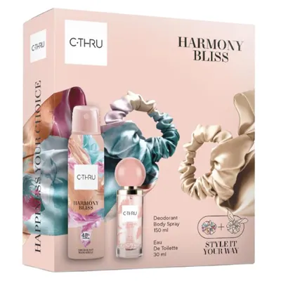 Set Cadou Femei C-Thru, Deodorant Spray Harmony Bliss 150 ml, Apa de Toaleta 30 ml, Elastice Par