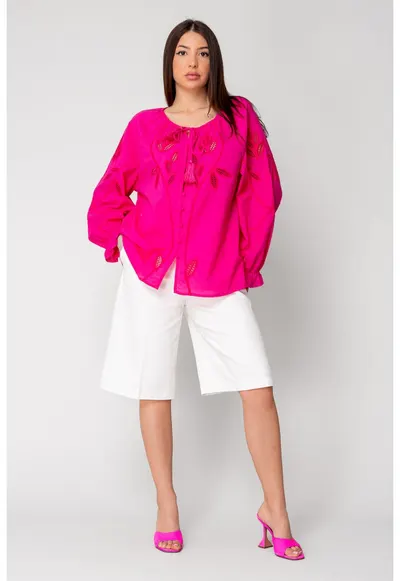 Camasa maneca lunga cu broderie Fuchsia 16317 - Fucsia