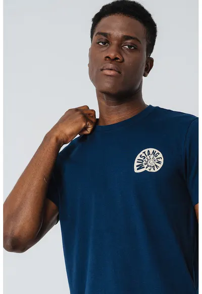 Tricou din bumbac cu decolteu la baza gatului - Crem/Bleumarin