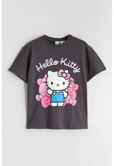 Tricou de bumbac cu imprimeu Hello Kitty - Alb/Roz pastel/Gri inchis