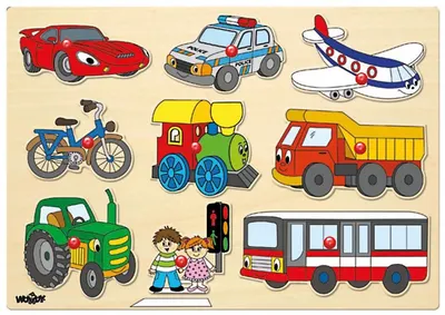Puzzle din lemn cu manere Woody - Vehicule