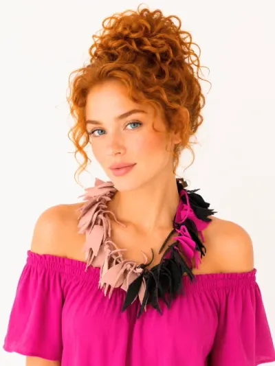 Colier handmade unicat din piele naturala,nuante fuchsia,roz pudra,negru