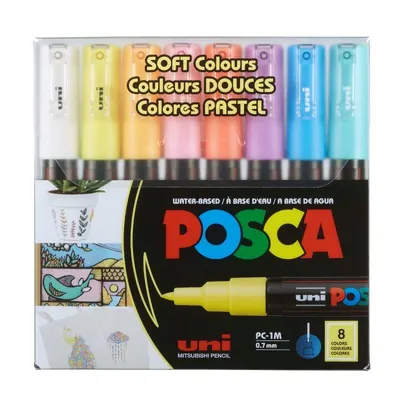 Set 8 markere cu vopsea Posca PC-1M varf subtire 0.7mm, culori pastel
