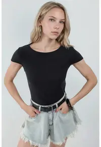 Tricou dama - Negru - Guler rotund