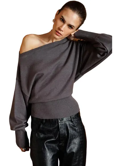 Pulover asimetric dama gri inchis - tricot - One Size