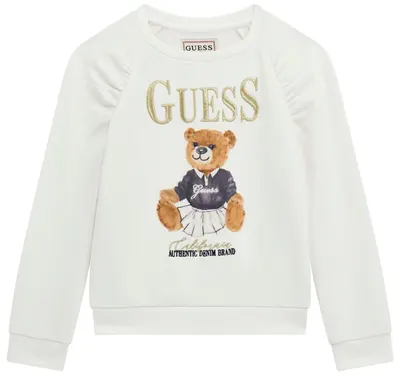 Bluza cu mânecă lungă Guess - Inscripție aurie și ursuleț, albă, 12 luni