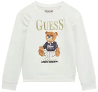 Bluza cu mânecă lungă Guess - Inscripție aurie și ursuleț, albă, 12 luni
