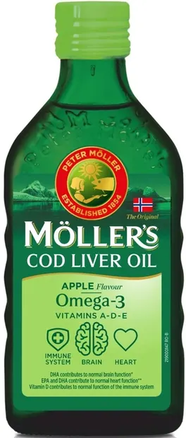Omega-3 + Vitamine A, D, E Ulei din ficat de cod, măr, 250 ml, Mollers