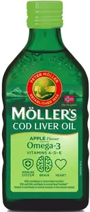 Omega-3 + Vitamine A, D, E Ulei din ficat de cod, măr, 250 ml, Mollers