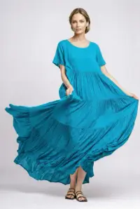 Rochie lunga, croi amplu cu patru volane, stil boem elegant, albastru azzuro