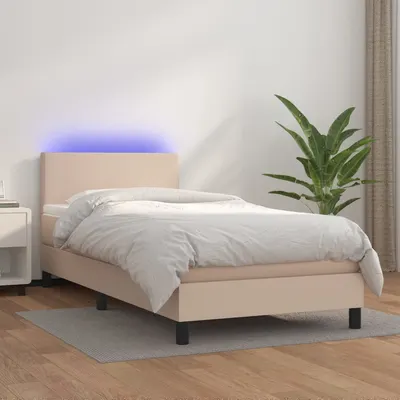 vidaXL Pat cu arcuri, cu saltea și LED cappuccino 100x200 cm piele eco
