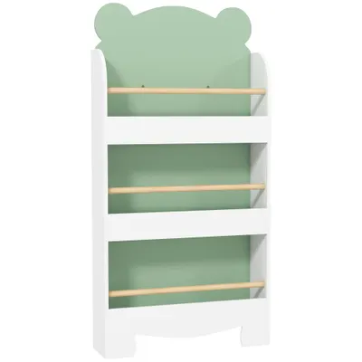 AIYAPLAY Raft pentru cărți copii, raft pentru copii cu 3 niveluri cu temă urs pentru cărți și jucării, 55 x 15 x 110 cm, Verde | Aosom Romania