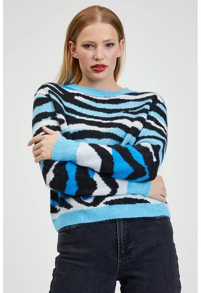 Pulover tricotat cu model animal print - Alb/Negru/Albastru glaciar