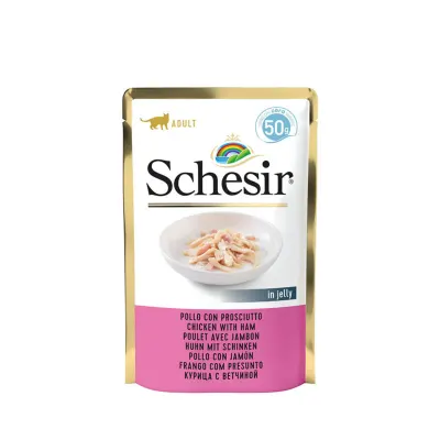 SCHESIR Complementary In Jelly, Pui și Șuncă, plic hrană umedă pisici, (în aspic), 70g