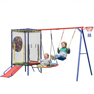 5-în-1 loc de joacă exterior pentru copii, trambulină cu plasă de siguranță și fermoar, pentru copii 3–8 ani, 336x217x198 cm, Multicolor