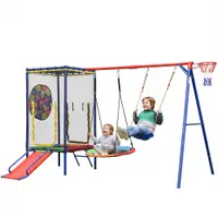 5-în-1 loc de joacă exterior pentru copii, trambulină cu plasă de siguranță și fermoar, pentru copii 3–8 ani, 336x217x198 cm, Multicolor
