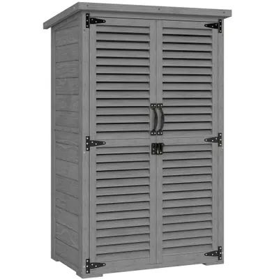 Outsunny Dulap de grădină Remiză pentru unelte din lemn 2 rafturi Acoperiș bitumat Uși cu obloane Blocabil 75 x 50 x 118cm Gri | Aosom Romania