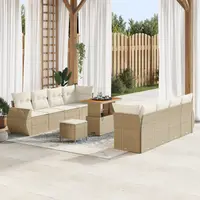 Gossi set de canapea pentru gradina din 11 piese cu perne bej din ratan poly si acacia, set de dining pentru gradina din 3 piese cu perne bej din ratan poly si acacia
