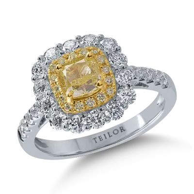 Inel din aur alb-galben cu diamante galbene de 1.12ct si diamante transparente de 0.88ct