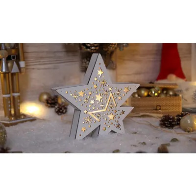 Stea LED de Craciun, din lemn, cu baterii Timer 6+18h, 6LED, 3000K, 2xAAA