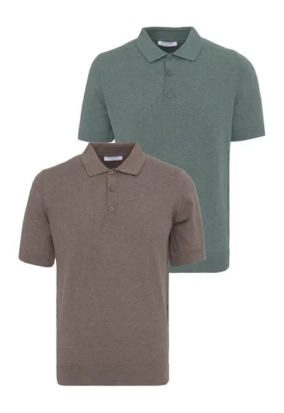 Set de tricouri din bumbac cu guler polo - 2 piese - Verde/Maro