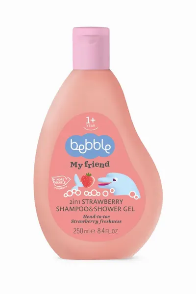 Gel de dus si sampon 2in1 pentru copii Bebble My Friend cu aroma de Capsuni, cu vitamina B3, panthenol, cantitate 250 ml