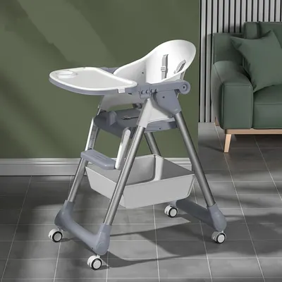 Scaun de masa Little Mom SmartFold Grey 2 in 1 cu roti, pliabil, cos pentru accesorii, centura siguranta, margini rotunjite, suport picioare, tava dubla
