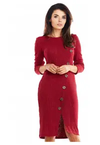 Rochie midi din tricot cu croiala asimetrica - crapatura si maneci lungi - - Rosu