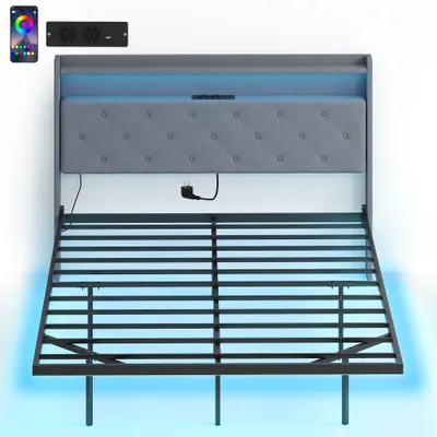 HOMCOM Cadru de pat 140 x 190 cm cu somieră din oțel, pat dublu plutitor cu lumini LED RGB și stație de încărcare, gri | Aosom Romania