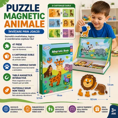 Carte tip Puzzle Magnetic , Set 47 magneti, 6 Cartonase Duble, Tema Animale
