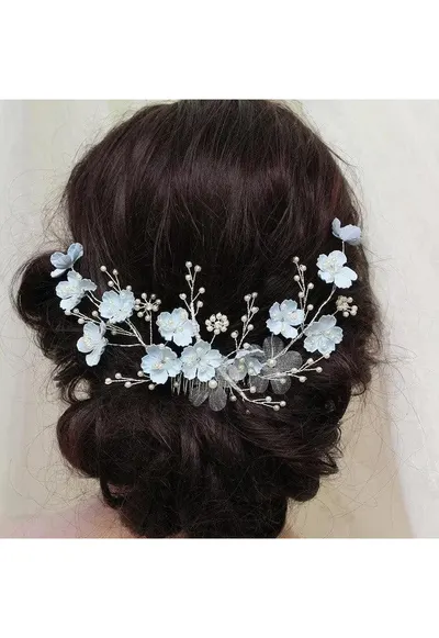 Accesoriu de par - argintiu - cu floricele bleu si perle - Thia C11