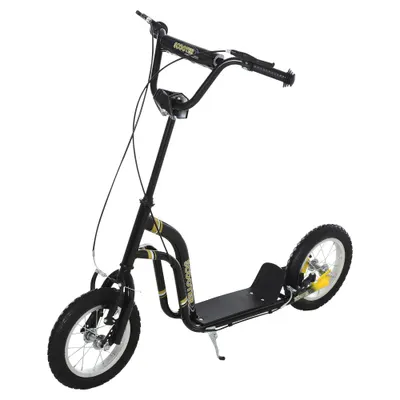 HOMCOM Trotinetă pentru copii 5-12 ani cu roți mari pneumatice de 12", trotinetă copii cu dublă frână, înălțime reglabilă și suport lateral, scooter cu o capacitate de încărcare de până la 100 kg, cadru din oțel, negru | Aosom Romania