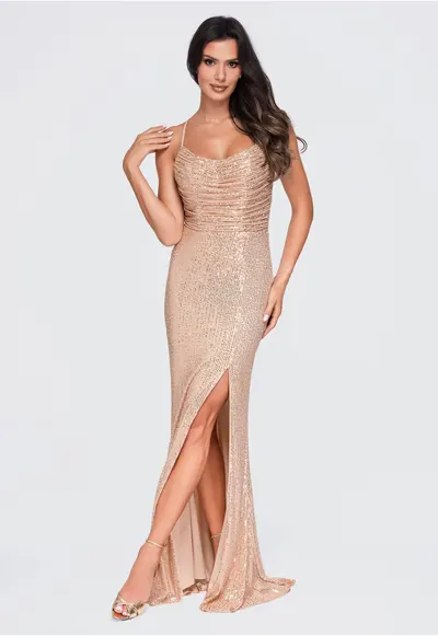 Rochie maxi eleganta cu decolteu drapat si spate descoperit LA-OM-DLR419 - Auriu