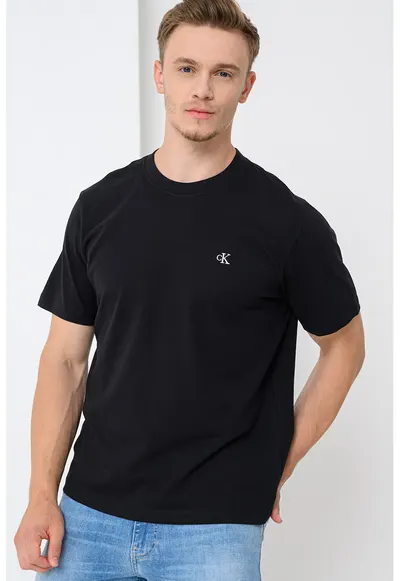 Tricou din bumbac cu decolteu la baza gatului - Negru